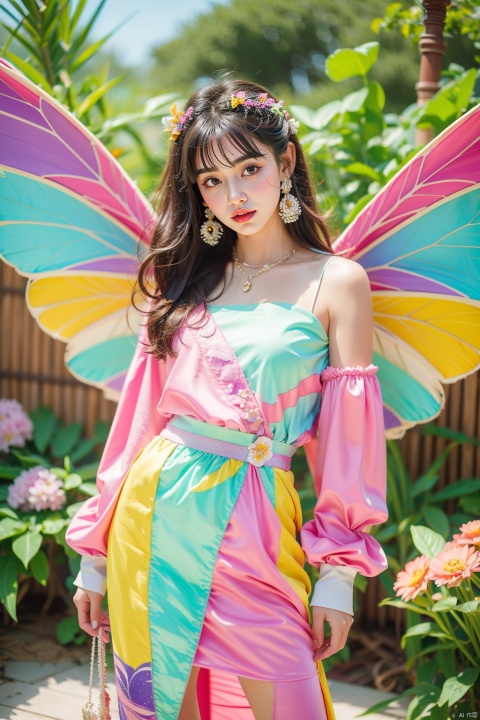Color curves, 18-year-old beautiful girl wearing a colorful dress with magical wings, standing among flowers and butterflies, soft light, dreamy colors, rich facial and clothing details, masterpiece
