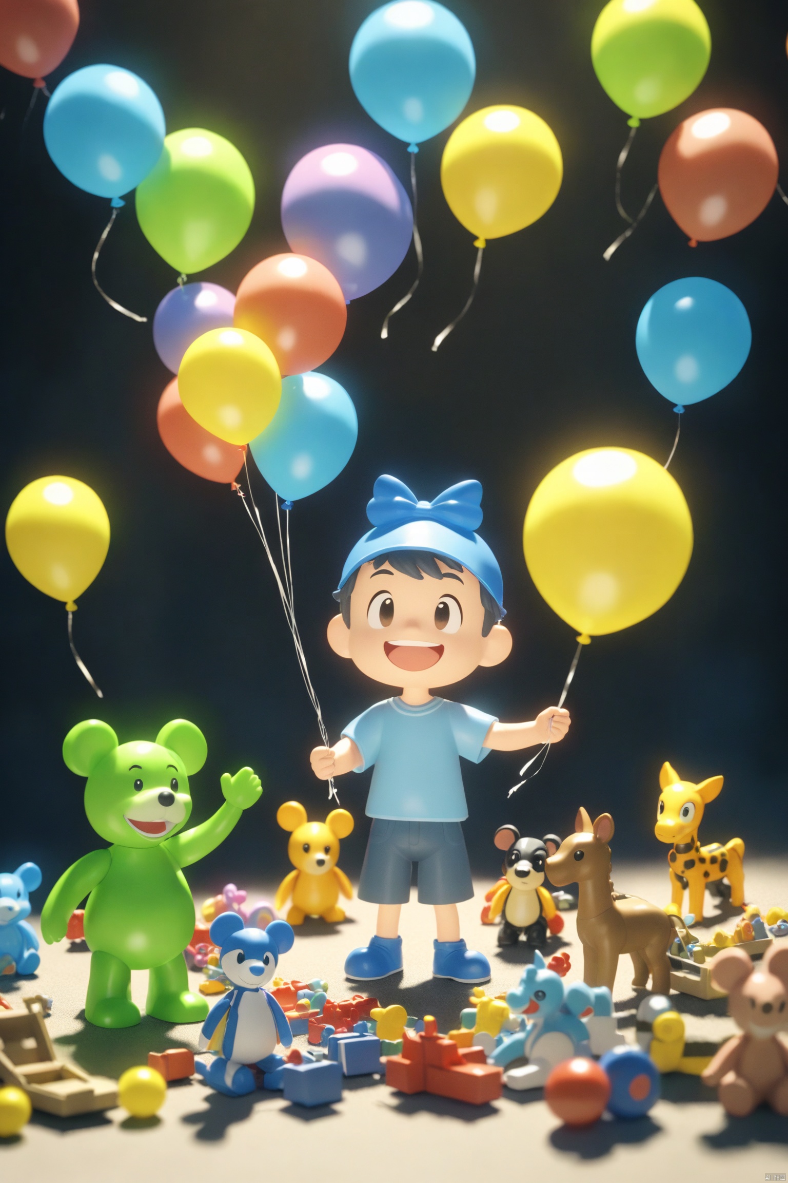 A little boy is smiling happily, holding balloons. There are many toys around the boy, and the background is like the movie. bright colors, physical blind box toys, Disney style, 3D rendering, OC rendering, best quality, 8k