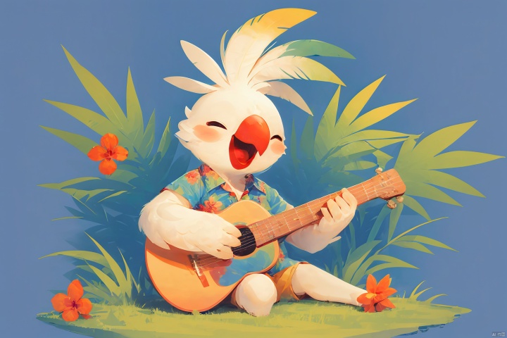  Cockatiel\(IP\), masterpiece, best quality, 
solo, smile, open mouth, shirt, holding, sitting, full body, closed eyes, flower, short sleeves, heart, no humans, ^ ^, bird, floral print, happy,red flower, instrument,music, guitar, playing instrument, aqua background, hawaiian shirt, acoustic guitar
