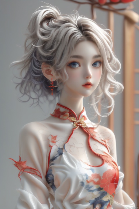  anancq,a girl,red cheongsam,white hair, 80sDBA style