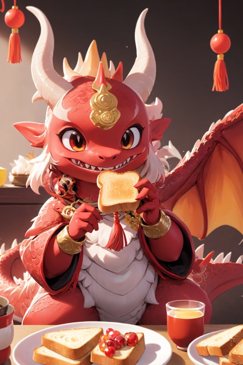  solo, looking at viewer, dragon, holding, eating toast, jewelry, upper body, focus, toast, fangs, eating, tassel, furry, wmchahua