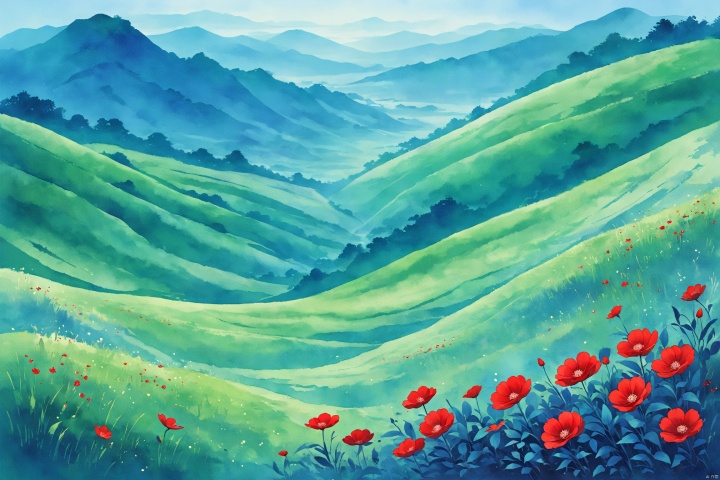 In this vast expanse of greenery, a red flower quietly blooms,blue theme,tie dyeing,The horizon is vast, with green grass stretching to the sky, and the emerald color flowing to the distant horizon. In the boundless green space, everything grows and is full of vitality. 