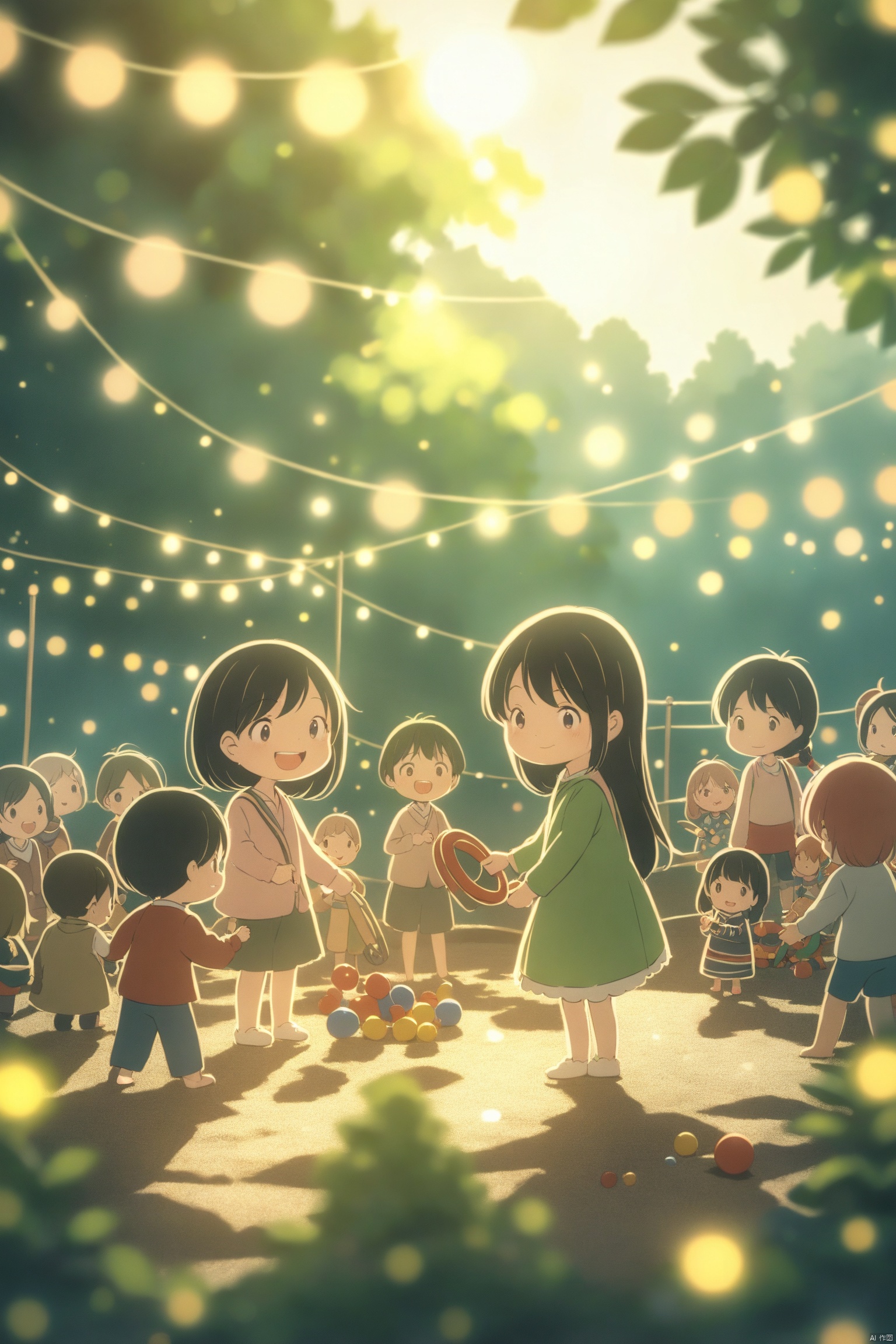 A whimsical illustration of a little girl playing in a playground with a few friends, surrounded by many children playing with toys, the illustration style is reminiscent of Japanese anime, the characters have cartoon-like features, the party holiday decoration scene blends into Japanese anime Stylish decorative elements