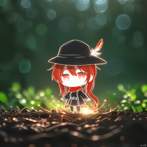 chibi,white glowing lines, dense translucent lines,1girl, solo,red hair, black hat, hat feather, red scarf, black jacket,line-art,chibi, hat