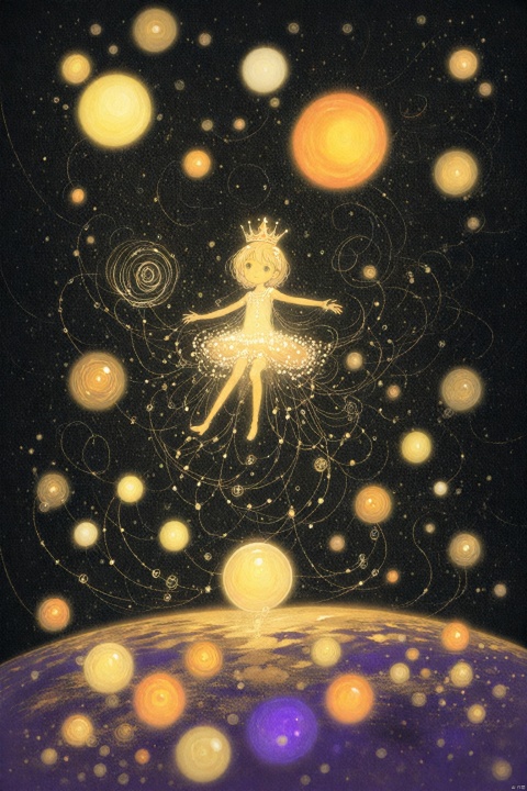  line art,line style,as style,best quality,masterpiece,
The image depicts a girl with a crown on her head, flying through a colorful and abstract universe. She is surrounded by swirling patterns that resemble galaxies and planets, and there are small bubbles and spheres floating around her. digital art, illustration, girl, crown, flying, universe, galaxy, planet, bubble, sphere,