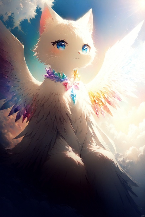  A white cat with blue eyes and a bow on his neck made of crystals and diamonds sits in front of a sky full of white fluffy clouds. The cat has angel wings behind its back in a cute, pastel colored, anime style. The image is high resolution and ultra detailed with bright, vibrant colors and soft lighting in the style of [Artgerm].