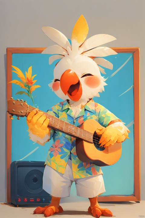 80sDBA style, Cockatiel\(IP\),photo background, tv,masterpiece, best quality, 
solo, smile, open mouth, shirt, holding, closed eyes, flower, short sleeves, heart, no humans, ^ ^, bird, floral print, happy, instrument,music, guitar, playing instrument, hawaiian shirt, acoustic guitar,