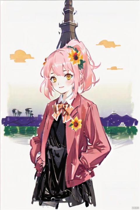 ,(loli：1.2),(petite:1.2),Pink hair,Yellow eyes, (red Jacket),high ponytail,white collared shirt,hair flower,fipped hair,floating hair,Frown,hands in pockets,black dress,red bowtie,(solo),sky, skyline, skyscraper, smile, solo, sunflower, tower, upper_body, cutegui