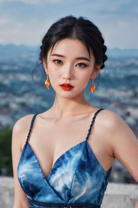 full body, black hair,  Tie dyeing dress,  blue dress, girl, 1girl, solo, cleavage, looking at viewer,Low cut evening gown,black hair, jewelry, closed mouth, earrings,lips, makeup, lipstick, portrait, French braid,realistic,exposure blend, medium shot, bokeh, (hdr:1.4), high contrast, (cinematic, teal and orange:0.85), (muted colors, dim colors, soothing tones:1.3), low saturation