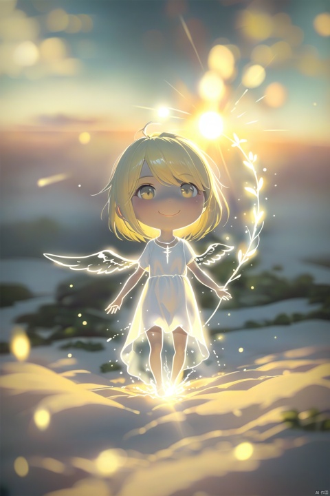 An angel with white wings spreading wide, her gaze filled with love and compassion. Her hair is golden, dressed in a white gauzy dress, appearing exceptionally holy under the sunlight. The surrounding environment is peaceful, with light clouds floating around. High-definition picture of an angel with open wings, divine aura, golden hair, white dress, serene cloudy background, majestic oil painting by celestial artists, trending on ArtStation, vibrant, sharp focus, photorealistic painting art by hi-res masters.