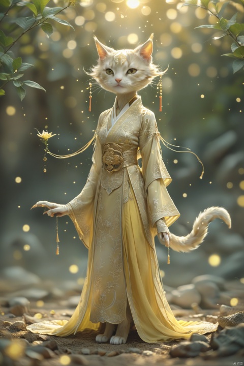  a cat wearing a hanfu in the center of an illustration in the style of hsiao ron cheng, rebecca guay style, lightbeige and light yellow, extreme rich detail, clampsmile, serene, this artwork uses soft colors to create a dreamy atmosphere. it features an elegant posture, symmetrical composition, soft lighting, delicate brushstrokes, delicate facial expressions, natural scenery, and tranquility.