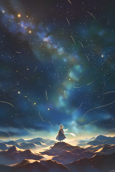 Shinkai Makoto style, a whimsical digital illustration of a solitary figure standing on a cliff overlooking the vast starry sky. The figure has a wistful expression, his hair blown by the wind and his robe flowing. The sky is filled with rotating galaxies and constellations, creating a fantastic atmosphere. Bright colors, ethereal lights