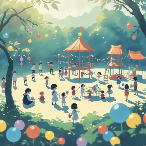 A whimsical illustration of a little girl playing in a playground with a few friends, surrounded by many children playing with toys, the illustration style is reminiscent of Japanese anime, the characters have cartoon-like features, the party holiday decoration scene blends into Japanese anime Stylish decorative elements