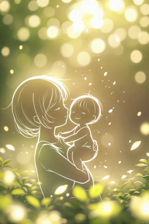 A mother holding a baby, warm and beautiful, with a fan background, simple strokes of petals fluttering, close-up