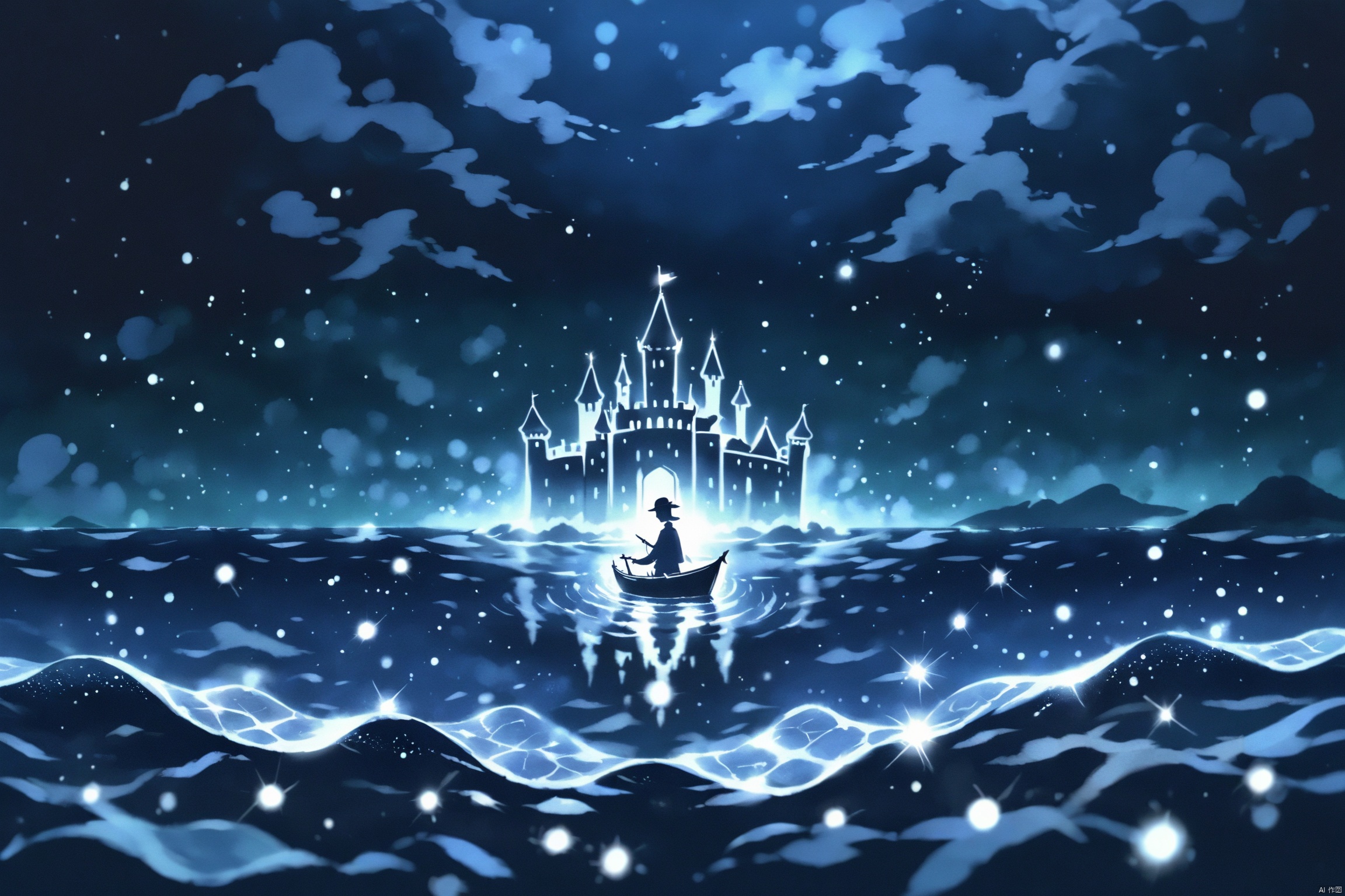 Dot Mat Hologram,isolated dark background,silhouette,backlit,Castle,
a man in a boat floating in the ocean,Night,Sparkling on the sea beautiful,fantasy scene