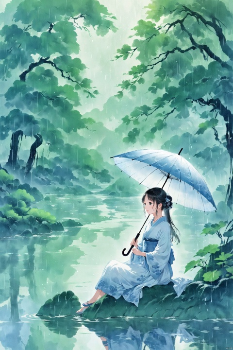 A girl in a white Hanfu stands on the flowing riverbank, holding an umbrella and watching his wife sit under the umbrella in a light blue outfit to shield her from the rain. Illustrated with a romantic river view, soft colors, high resolution, high details, delicate brushstrokes, natural lighting, peaceful atmosphere, ancient China, with a background of green trees, drizzle, high-definition details, depth of field effect, ink painting, texture frosting, diffuse gradient, romantic ancient style, excellent light and shadow, color curves