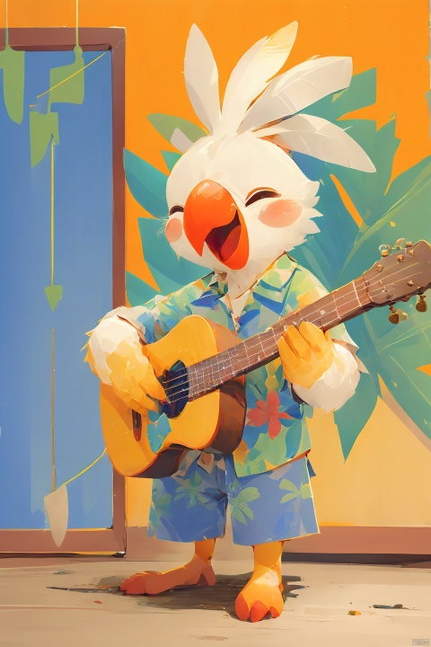 80sDBA style, Cockatiel\(IP\), masterpiece, best quality, 
solo, smile, open mouth, shirt, holding, closed eyes, flower, short sleeves, heart, no humans, ^ ^, bird, floral print, happy, instrument,music, guitar, playing instrument, hawaiian shirt, acoustic guitar,tv
