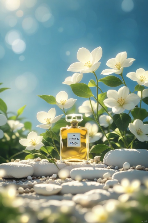 product photography, micro close-up, Chanel perfume, translusant, sitting on giant white rock, with flowers at the side, blue sky, combining natural and man-made elements, featuring white and beige, studio light, high details, best quality, HD, 8K