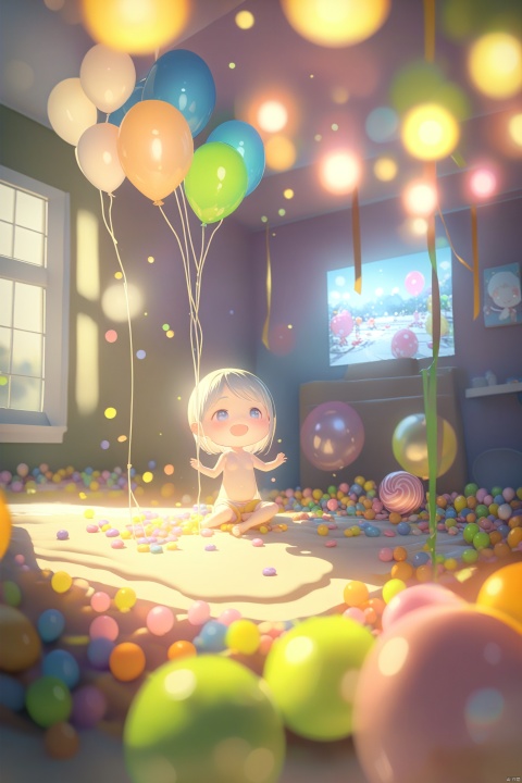  A cute photo of a child sitting on colorful candy,surrounded by birthday decorations such as balloons,cakes and candy,the scene should be full of bright colors and interesting elements to attract the attention and excitement of children's photography,
(masterpiece:1.2),best quality,masterpiece,highres,original,extremelydetailed wallpaper,perfectlighting.(extremely detailed CG:1.2)drawing,paintbrush,