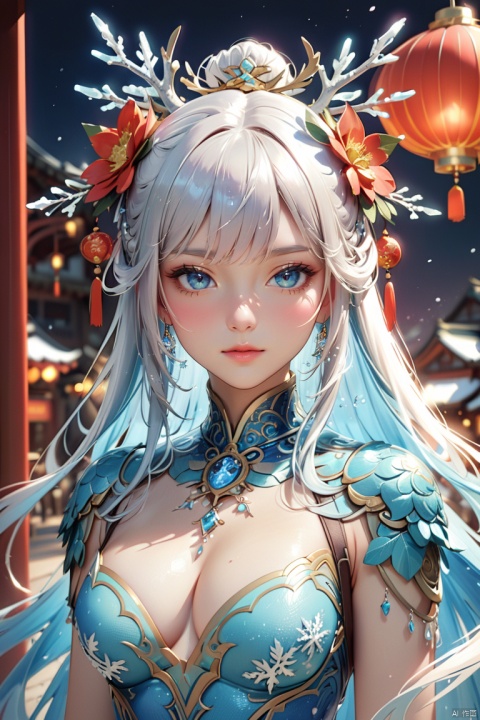  ((best quality)), ((masterpiece)), ((ultra-detailed)), extremely detailed CG, (illustration), ((detailed light)), (an extremely delicate and beautiful), a girl, solo, ((upper body,)), ((cute face)), expressionless, (beautiful detailed eyes), full breasts, (medium breasts:1.2), blue dragon eyes, (Vertical pupil:1.2), white hair, shiny hair, colored inner hair, [Armor_dress], blue_hair ornament, ice adorns hair,depth of field, [ice crystal], (snowflake), dofas, tqj-hd, chinese new year