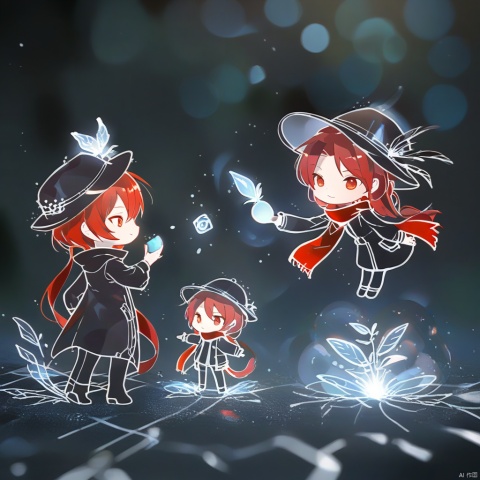 chibi,white glowing lines, dense translucent lines, various artist's styles, digital holographic style, virtual interaction, holographic projection, 1girl, solo,red hair, black hat, hat feather, red scarf, black jacket,line-art,chibi, hat