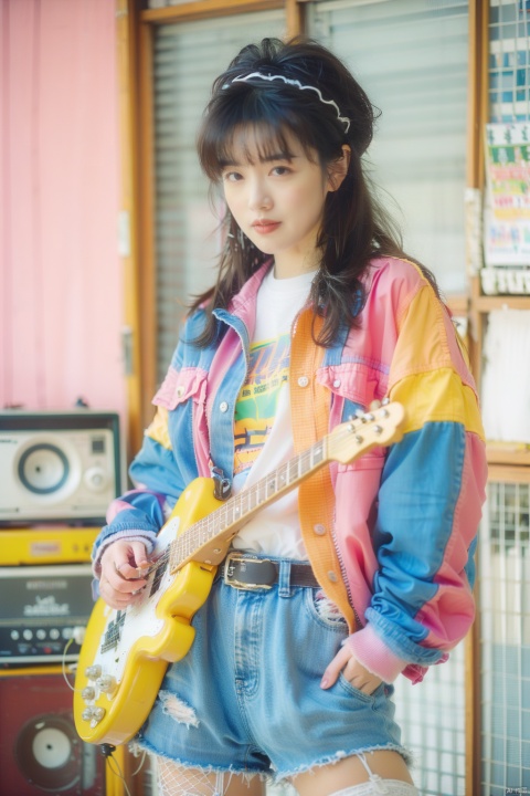  ((Masterpiece)), ((Best Quality)), 80sDBA style,  1girl, bangs, bass_guitar, belt, black_hair, black_jacket, black_shorts, blurry, blurry_background, breasts, cherry_blossoms, concert, confetti, electric_guitar, fishnet_legwear, fishnets, garter_straps, guitar, hat, holding, holding_instrument, instrument, jacket, long_hair, microphone, microphone_stand, multicolored_hair, music, open_clothes, open_jacket, open_mouth, petals, playing_instrument, plectrum, red_hair,blue_hair,yellow_hair,pink_hair,green_hair,orange_hair,shirt, shorts, smile, solo, spotlight,stage,streaked_hair,thighhighs,moyou
