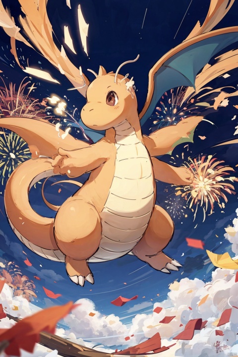 dragonite,  Night sky, soaring dragon, AI components, changing fireworks, blooming, celebrating the New Year, Chinese New Year painting elements, abundant grains, xiaotiao, Dragonite