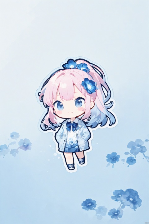 pink hair,  chibi, stickers, minimalist style , blue theme,Tie dyeing,tie dyeing style,loli,petite,long hair,Jacket,high ponytail,collared shirt,hair flower,fipped hair,floating hair,Frown,hands in pockets,dress,bowtie,(solo),smile, solo