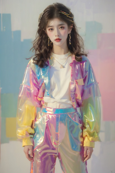 Best quality,masterpiece,transparent color PVC clothing,transparent color vinyl clothing,prismatic,holographic,chromatic aberration,fashion illustration,masterpiece,girl with harajuku fashion,looking at viewer,8k,ultra detailed,pixiv,
, 80sDBA style