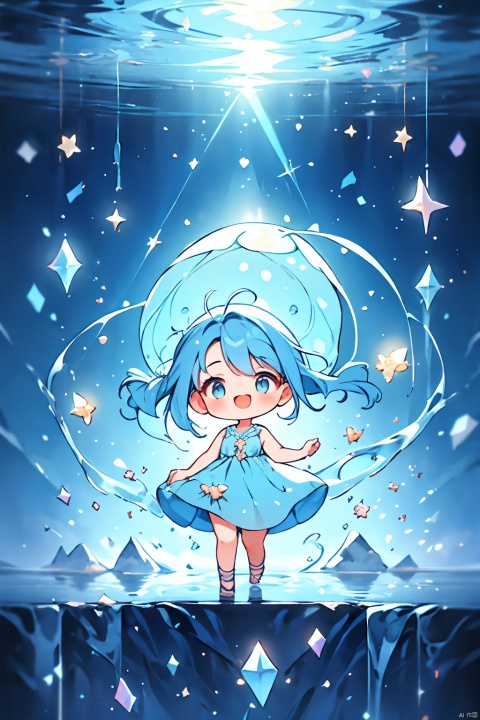  ((masterpiece)), 20-year-old girl, (knee shot), ((fantastic background)), in a panoramic view, Wearing a light blue dress, smile, long baby blue hair, There are several blue jellyfish around, Manhwa Style, Material de vidro, crystal material, extremely detaile, Cinematic lighting effects, tmasterpiece, offcial art, Dark Majic, 4K, aqueous media, 1girl,moyou