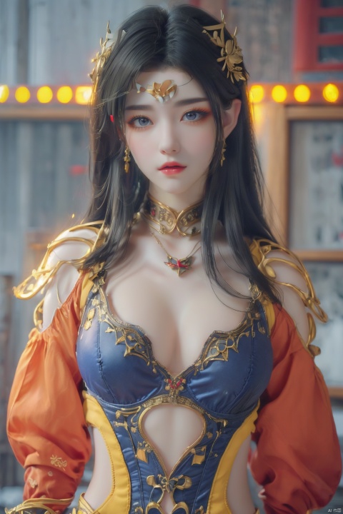 80sDBA style,  ((best quality)), ((masterpiece)), ((ultra-detailed)), extremely detailed CG, (illustration), ((detailed light)), (an extremely delicate and beautiful), a girl, solo, ((upper body,)), ((cute face)), expressionless, (beautiful detailed eyes), full breasts, (medium breasts:1.2), blue dragon eyes, (Vertical pupil:1.2), white hair, shiny hair, colored inner hair, [Armor_dress], blue_hair ornament, ice adorns hair,depth of field, [ice crystal], (snowflake), (\shuang hua\), 1girl,yellow_footwear,long_hair,black_hair, meidusha, gufengsw001, 7218,