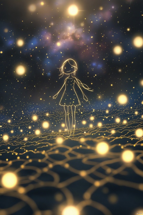  A girl floats in a nebula, styled like Yayoi Kusama's infinity mirrors. Reflective surfaces, infinite patterns, and a sense of weightlessness