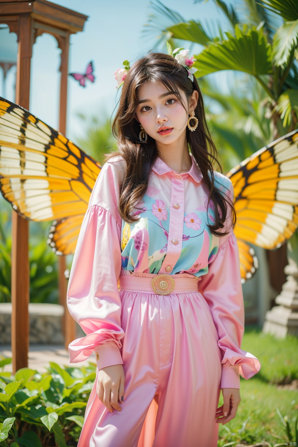 Color curves, 18-year-old beautiful girl wearing a colorful dress with magical wings, standing among flowers and butterflies, soft light, dreamy colors, rich facial and clothing details, masterpiece