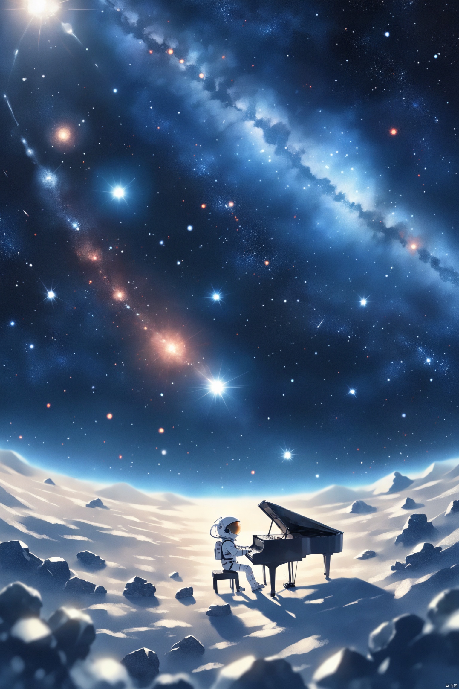 A tiny person, a vast universe,Astronaut on the moon,playing the piano,cinematic angle,broken spacecraft on the ground,stellar nursery,infrared capabilities,interstellar dust,starry sky,big Earth,universe,