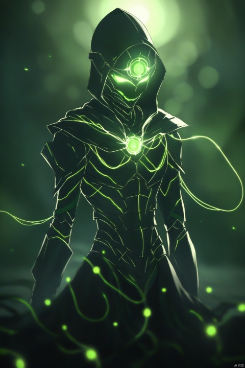  body shot, nightmare, an evil and scary nightmare villain character from destiny the video game, wearing tattered and worn down dark futuristic space torso robes armor and helmet with glowing green tendril strands covering the armor, his body is deformed with sharp tendrils sticking out of his body, glowing green accents on the armor, unique design, also wearing warlock robes around the torso and midsection, cinematic shot, cinematic lighting, intricate details