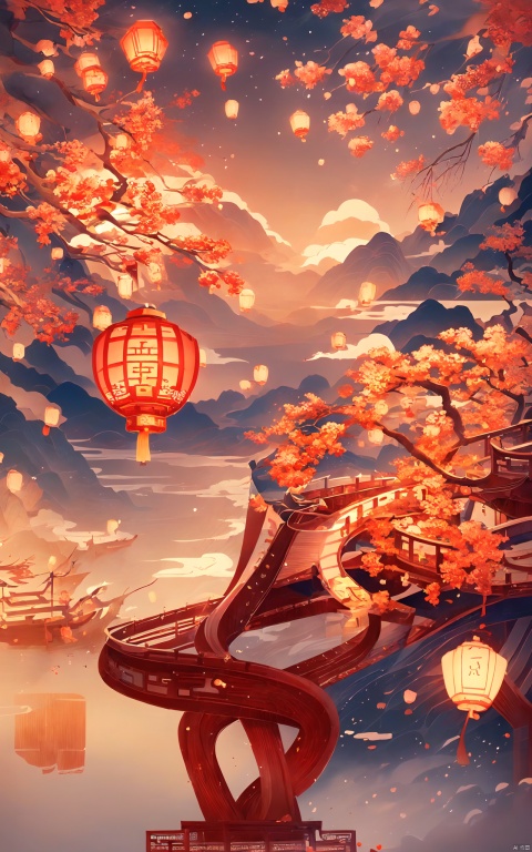  Red Lantern, (Masterpiece:1.2), (best quality:1.2), (super high resolution:1.2),guochao, Traditional Chinese illustration,landscape painting,outdoors, tree, no humans, building, scenery, lantern, bush, bridge