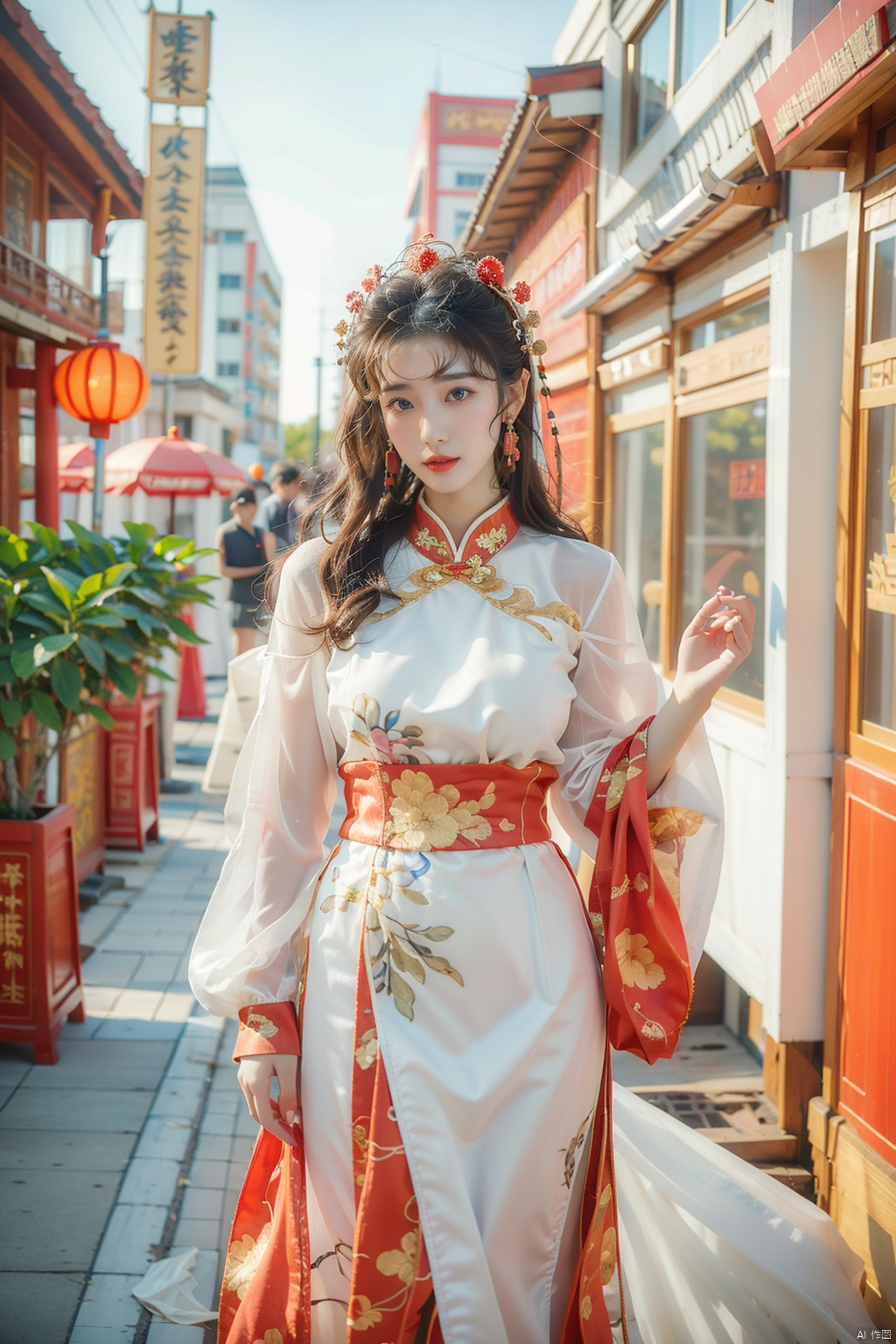  ((poakl)), best quality, masterpiece, ultra high res,1girl, gigantic_breasts, looking at viewer,(see-through dress),bare shoulders,dress,qi pao,ancient Chinese street ,Chinese dress,, yosshi film, standing, one girls, chinese_clothes, Chinese costume, street, smiling, holding_wood_box , ganyu (genshin impact), 1girl, jujingyi, drakan_longdress_dragon crown_headdress, wunv, 80sDBA style,
