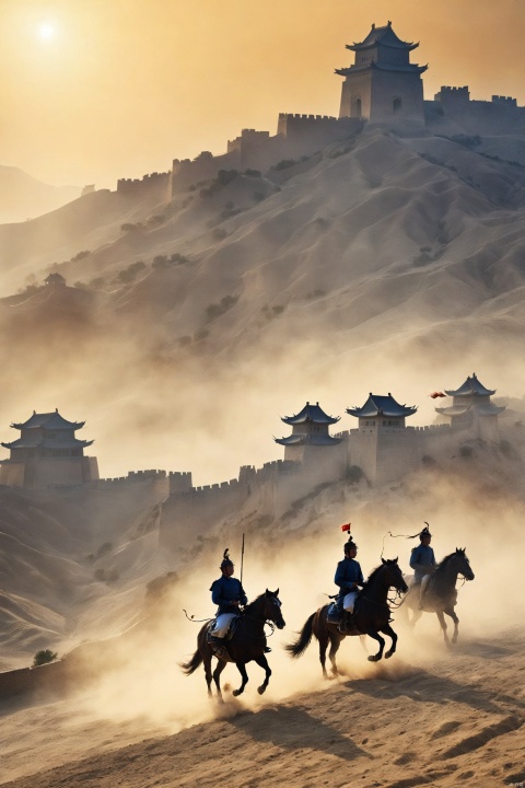  The generals of China are stationed in the hills, dust,as strong winds blow, carrying sand and dust, sunset,against the backdrop of ancient city walls and mounted horses,lonely,Minimalistic
