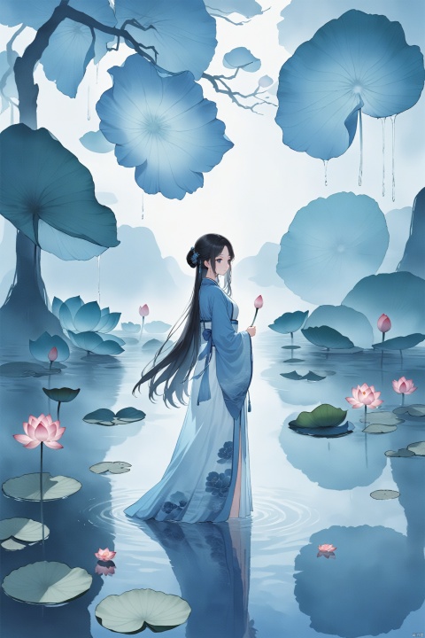 tie dyeing, bule theme,  ((HRD, HUD, 8K)),((masterpiece, best quality)), highly detailed, soft light,
GuoYun, long hair, black hair, 1girl, lily pad, flower, solo, hanfu, chinese clothes, lotus, water, outdoors, tree, scenery, dress, standing, very long hair, architecture, branch, green theme, bridge, petals, pond, long sleeves, wide sleeves, from behind,