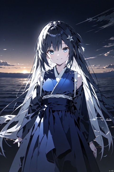 Under the shining stars, an 18-year-old girl, dressed in a blue tie dye dress and Hanfu, with a bright smile on her face, stands in the soft and flowing off white clouds, reflecting a dreamlike scene. The dynamic composition, interweaving of aquatic elements, harmonious design, cinematic lighting, ultimate clarity, meticulous complexity, layered chromaticity and 32K resolution, soft light and shadow, Zeiss lens