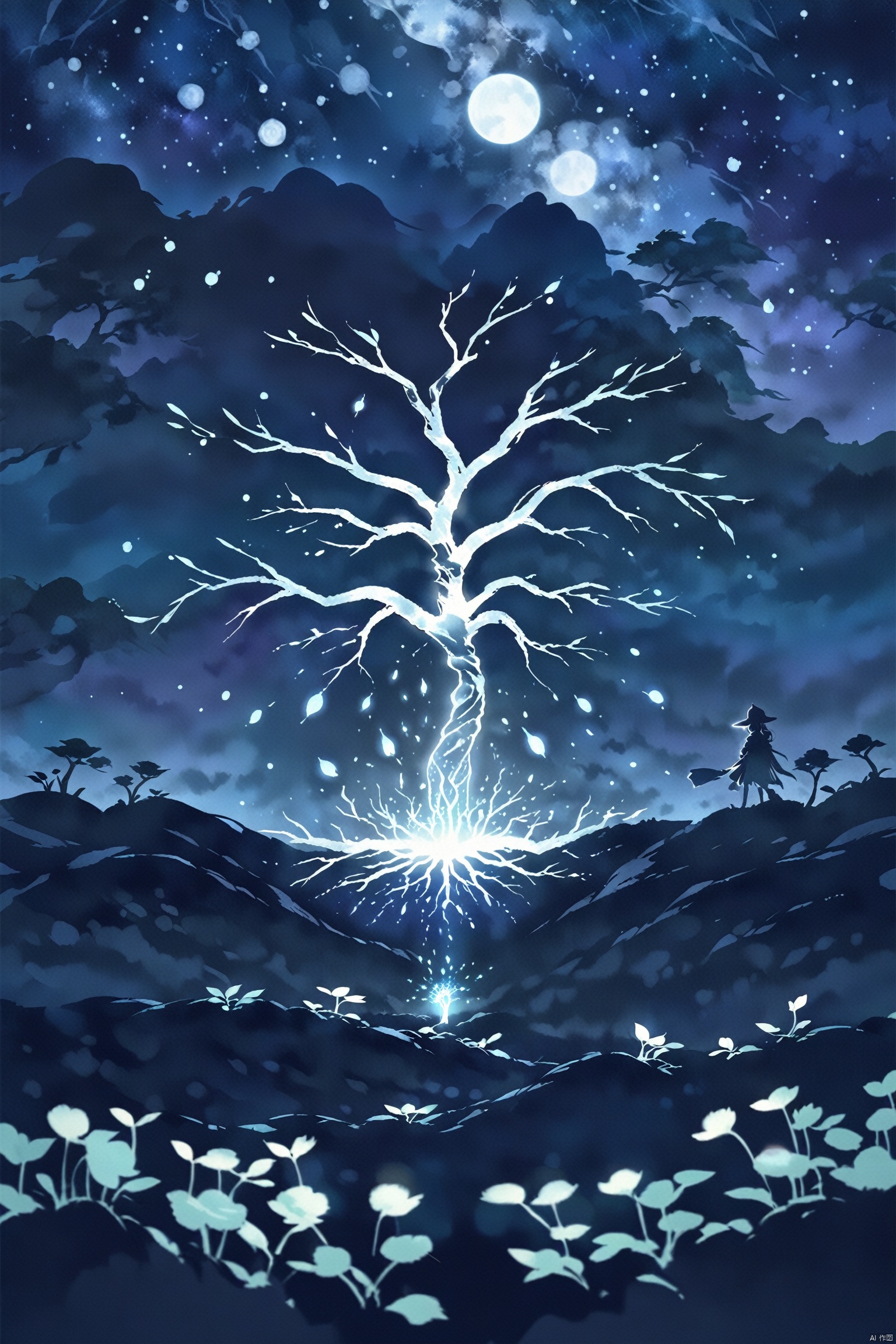 A majestic tree of life with glowing blue roots, branches reaching out to the stars and sky above it, shimmering white leaves. The background is a dark night with faint lights from distant worlds. A magical glow emanates from within the trunk, creating an aura that illuminates its surroundings. In the style of game concept art, with an anime style, vibrant colors, high contrast, sharp details, and detailed textures.