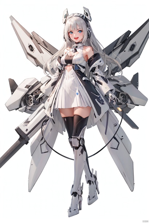  (best quality), (masterpiece), (highres),epicscenes,impactfulvisuals,senseofspace,(sciencefiction:1.3),1girl,solo,blue eyes,long hair,mecha musume,white background,dress,open mouth,smile,white hair,looking at viewer,white dress,full body,breasts,bangs,mechanical legs,bare shoulders,thighhighs,boots,mechanical wings,wings,:d,Science fiction mechanical wings with fans, , national tide