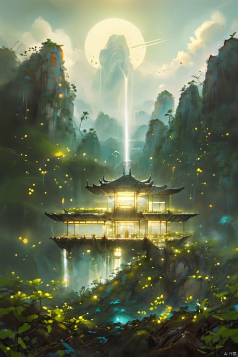  A house floating in the sky, made of glass and silvery metal, suspended above a utopian paradise reminiscent of Zhangjiajie's mountains., Cyberpunk Fantasy