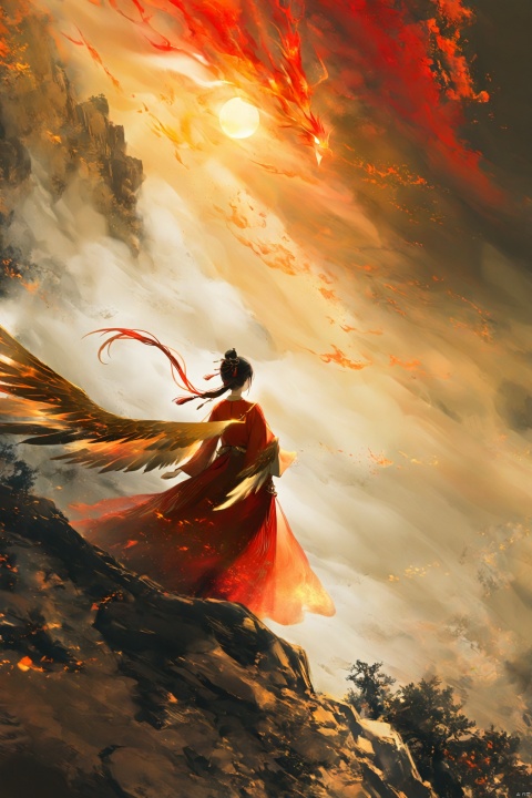  Red clouds, phoenix, spreading wings, golden sky, back, red clothed woman holding a red tassel, shining golden yellow light in the sky, mysterious atmosphere, grand, texture matte, fiery red glow, white Tindar light, diffuse gradient, Gaussian blur, looking up, dazzling, ancient style, excellent light and shadow, color curve, ananmo