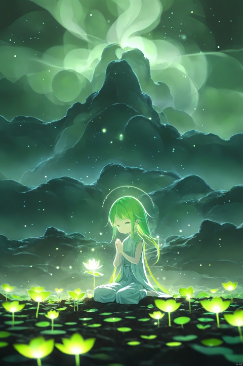  1girl, solo, best quality, ethereal alien landscape, floating in lotus position, deep contemplation, hands in prayer, long flowing pale green hair, glowing celestial markings, diaphanous robes, spiritual, transcendent