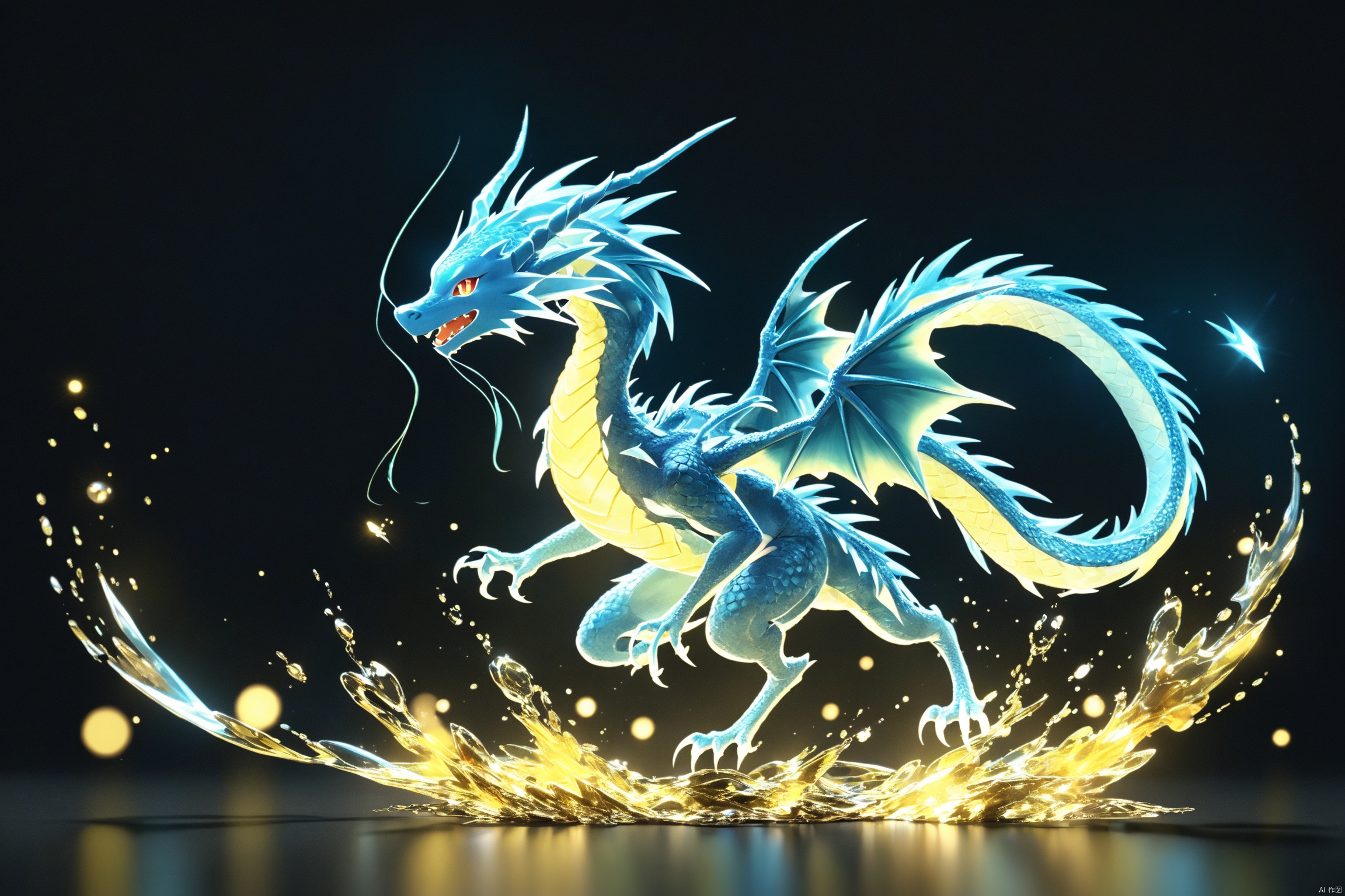 Dream Style, 3D render, a glowing neon-colored dragon-like spiritual transparent Pokemon, simple background, dark background, award-winning picture, highly detailed, ultra-high resolutions, 32K UHD, sharp focus, best quality, masterpiece