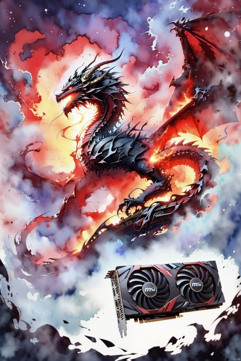  MSI\(Monon\),MSI graphics card,dragon,fantasy,Detailed complex chaotic seascape red burning light mysterious silhouette of dragon, Illustration, watercolor