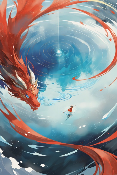 animation of an black red giant Chinese dragon swimming on the lake surface, the dragon huge and very long, a girl on the lake,Dragonheaddecoration, A circle of ripples formed on the water surface, the girl holding a sword, Drone perspective, blue-ice lake water, Chinese Martial Arts World, Chinese mythological scenes, Bright colors, Sunlight, Transparent lake water, megalophobia, by Tsui Hark, Chinese movie Big Fish and Begonia, watercolor