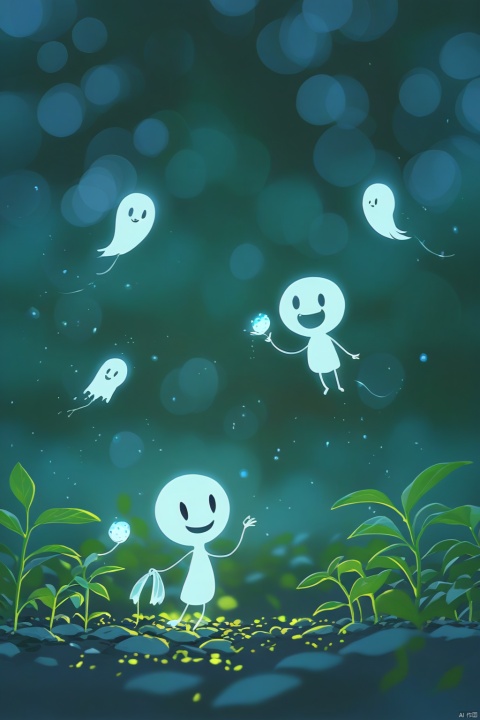 a Couple of cute Ghost, Night Spring ambience, pixar style