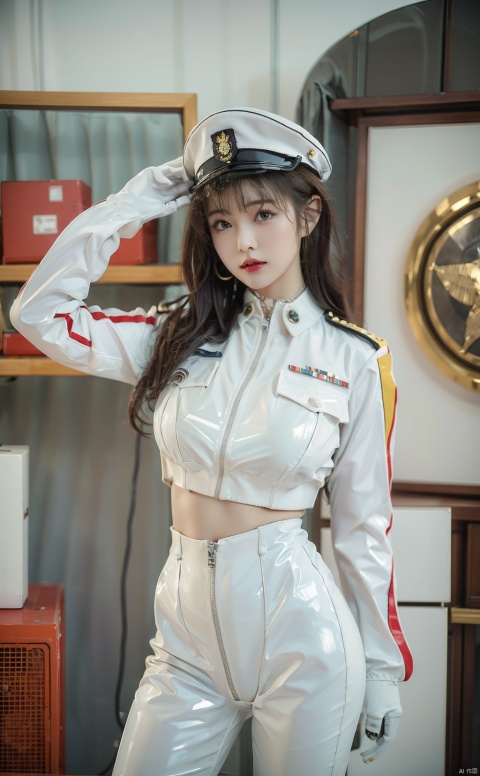 80sDBA style,  1girl, white tight latex suit, white room, white geometric objects, abstract art,Military hat, badge, white gloves,On a warship,1girl, tifa lockhart,